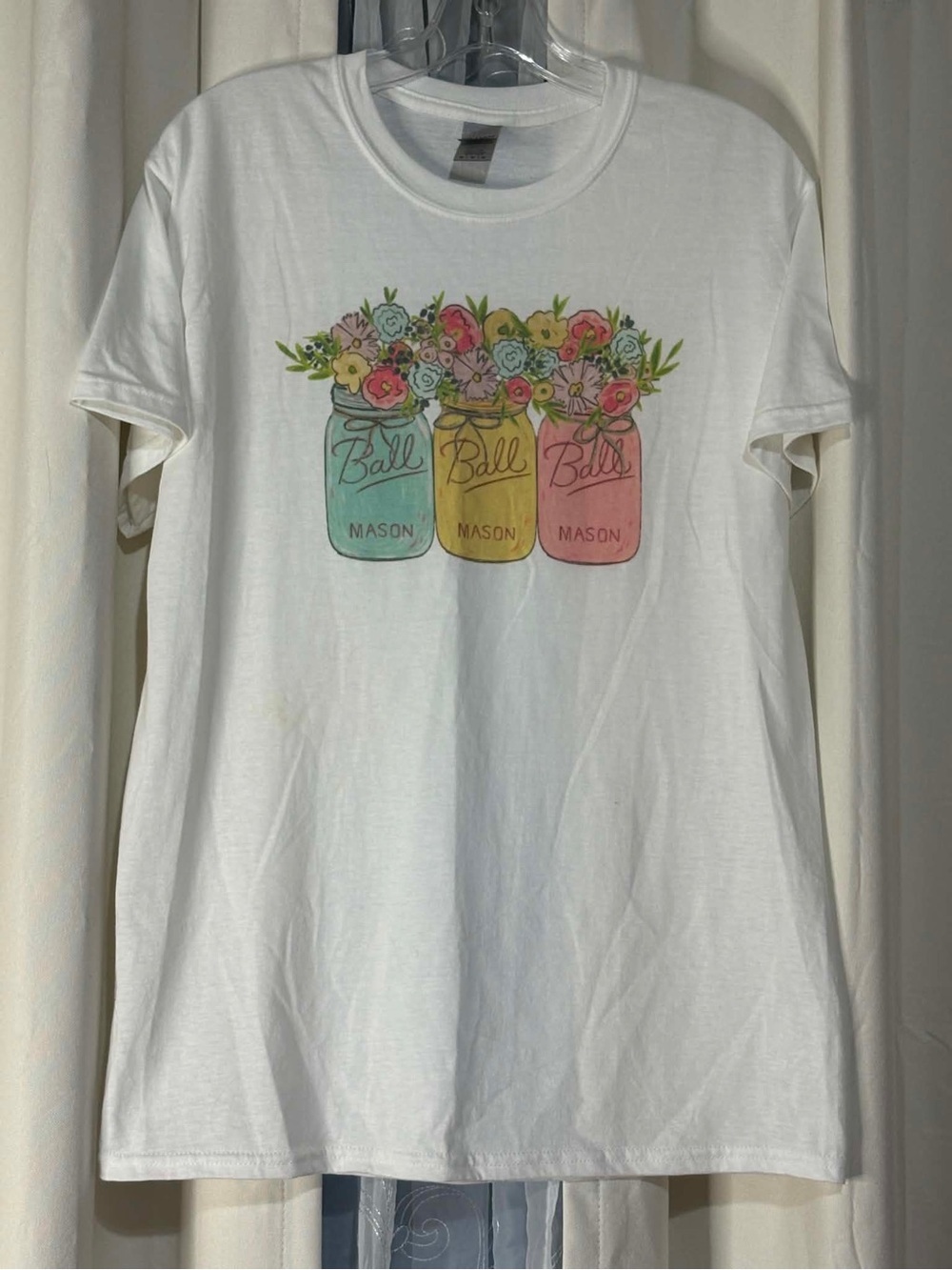 White Tee with Pastel Ball Mason Jar Floral Graphic Size Medium
